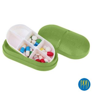 Bamboo fiber pill case.Eco friendly pill case made from 100% sustainable and recyclable bamboo fiber. Promotional Product Direct