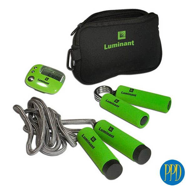 Travel workout kit.Take your workout with you. Convenient travel kit with pedometer, skipping ropee and hand grips Perfect for gym and fitness centers.Promotional Product Direct